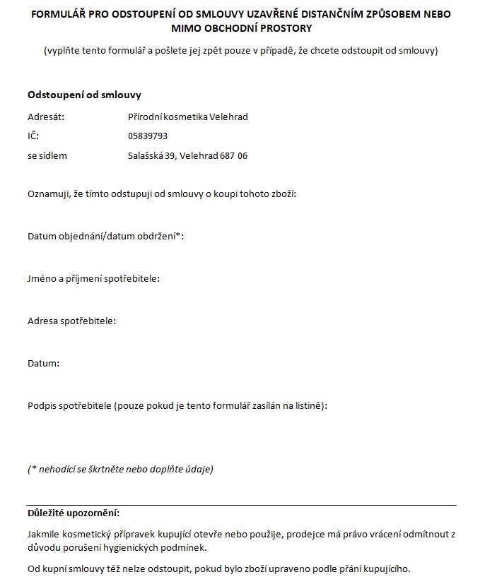 Formulář pro odstoupení